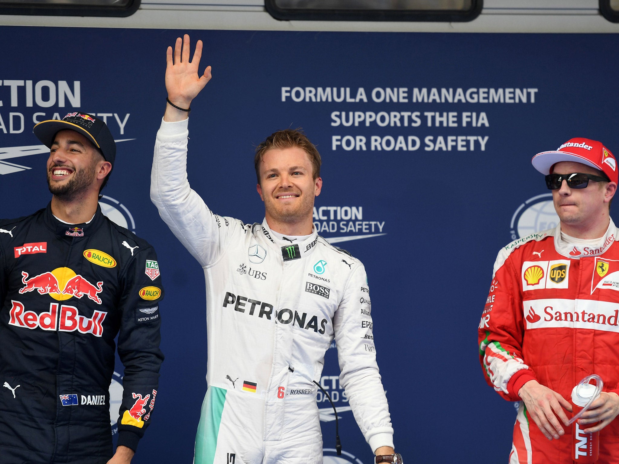 Nico Rosberg will start on pole ahead of Daniel Ricciardo (left) and Kimi Raikkonen (right)
