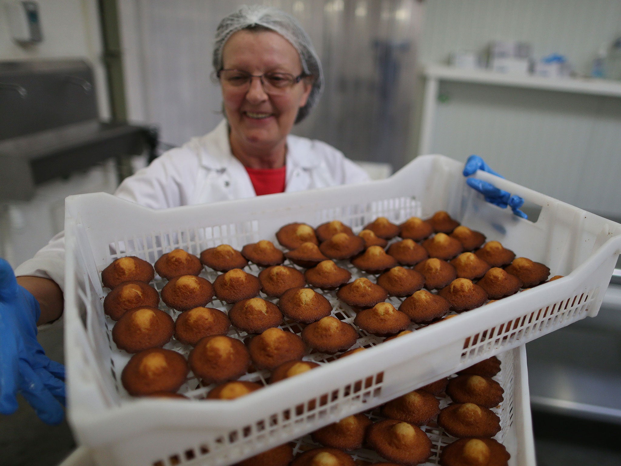 An employee of the Jeannette factory holds a plate of madeleines just after baking in the production plant in Demouville near Caen, northwestern France, on January 26, 2016.