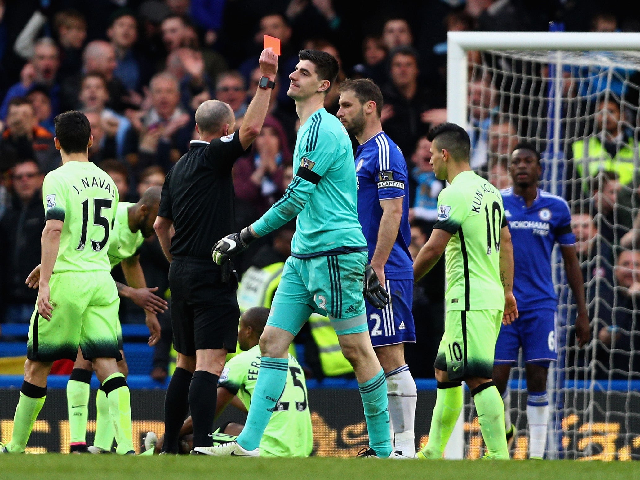 Thibaut Courtois is sent off in the latter stages of the defeat to Manchester City