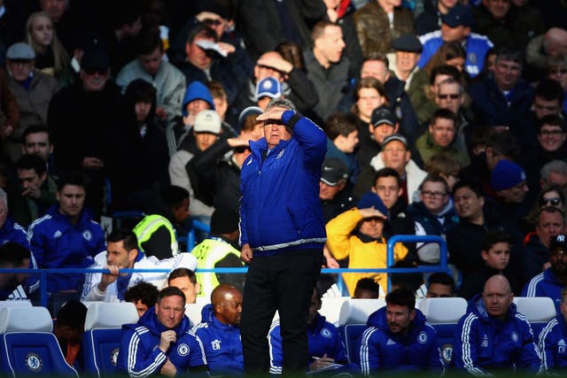 Chelsea interim manager Guus Hiddink watches on as his side slips to defeat against Manchester City