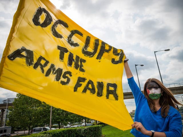 Activists from Stop The Arms Fair protested outside the Excel Centre ahead of the DSEI exhibition in September last year