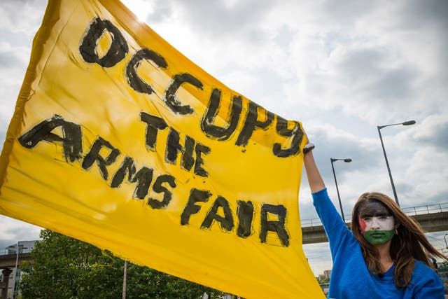 Activists from Stop The Arms Fair protested outside the Excel Centre ahead of the DSEI exhibition in September last year
