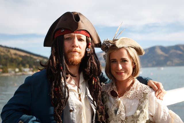 Members of the Church of the Flying Spaghetti Monster dressed as pirates for the wedding, in accordance with religious guidelines
