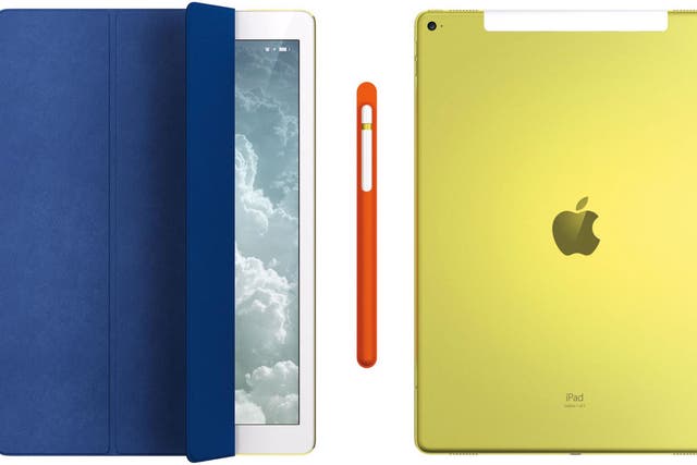 The exclusive lot includes a blue leather Smart Cover (left), an Apple Pencil with orange leather case (centre), and a yellow aluminium iPad Pro