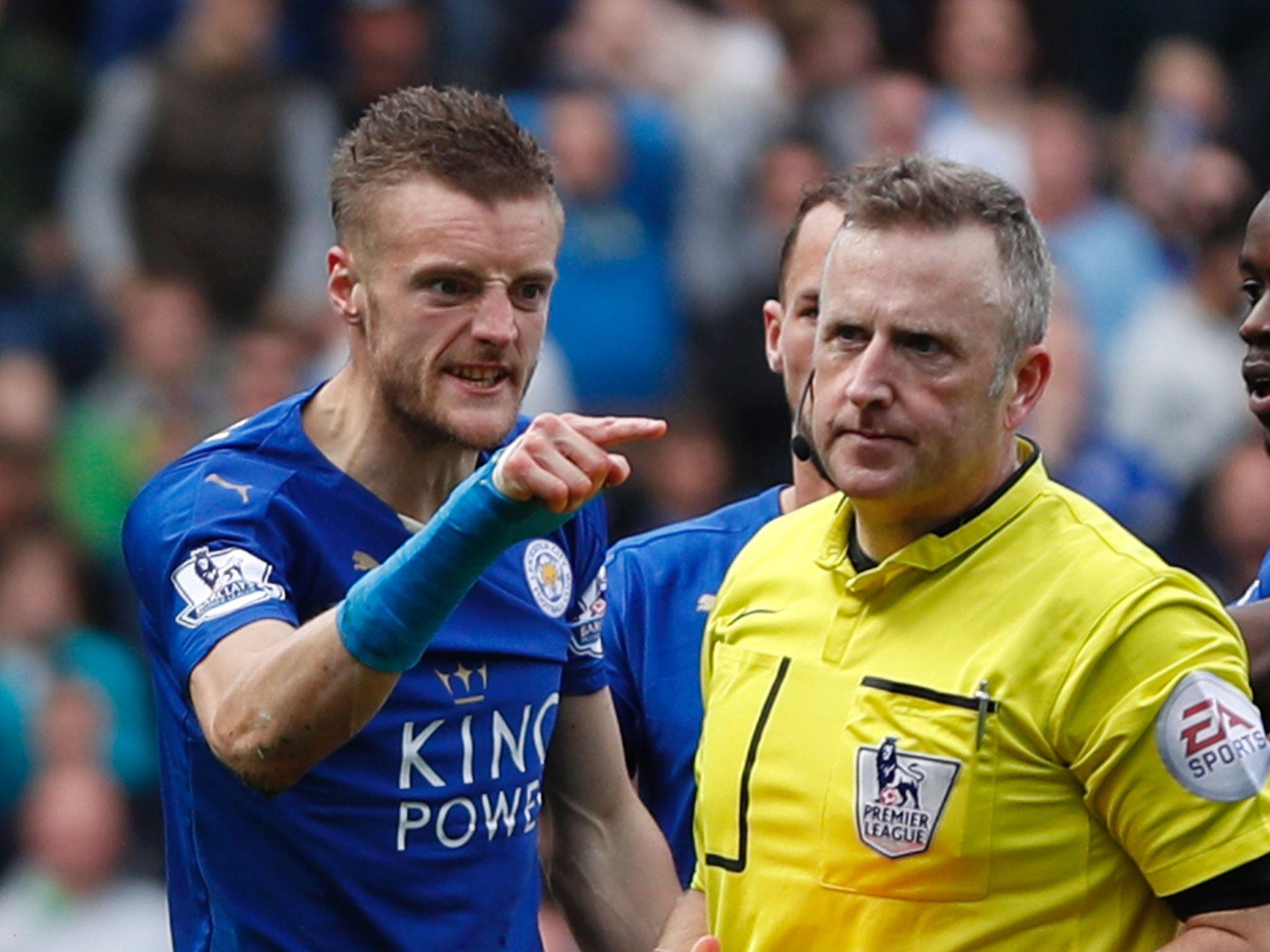 Jamie Vardy reacts to being shown a red card