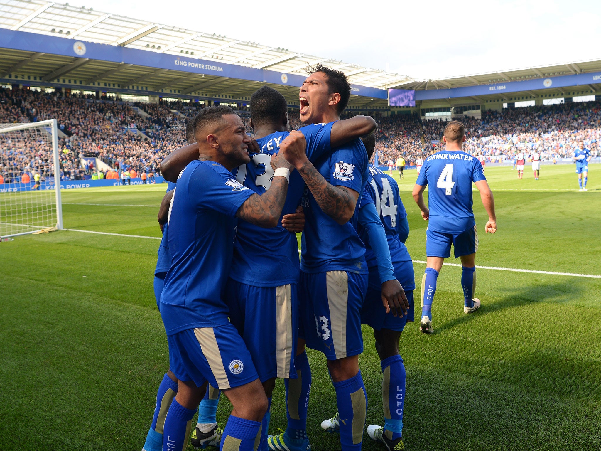 Leicester celebrate following Leonardo Ulloa's late equaliser against West Ham