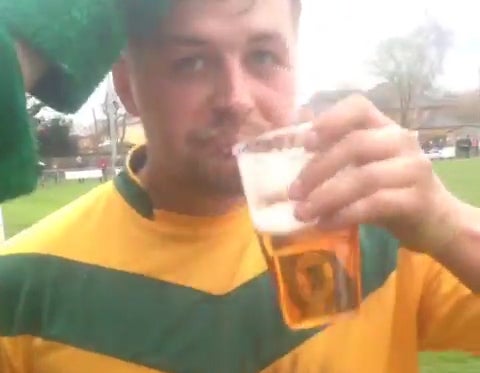 Non-league footballer misses open goal, reacts by stealing fan's beer