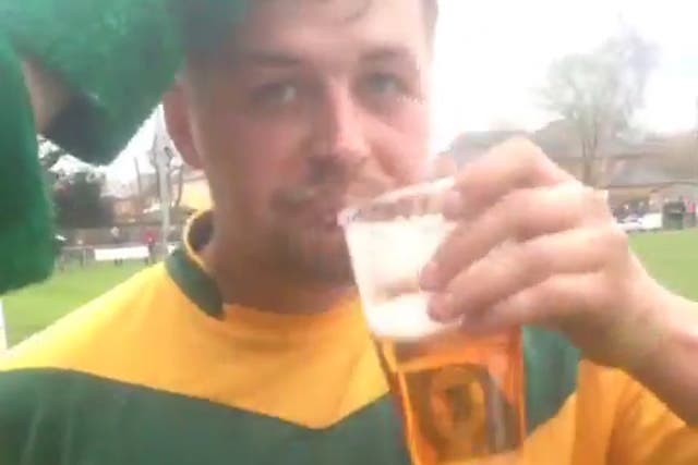 Non-league footballer misses open goal, reacts by stealing fan's beer