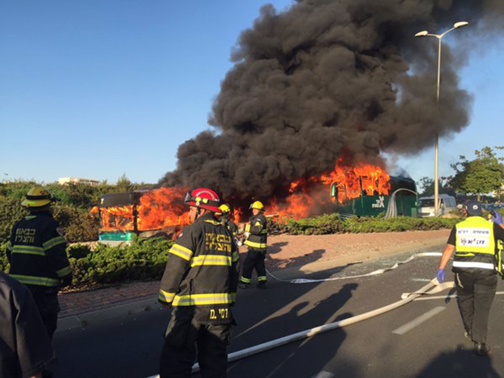Images on social media showed smoke billowing from the burned-out bus