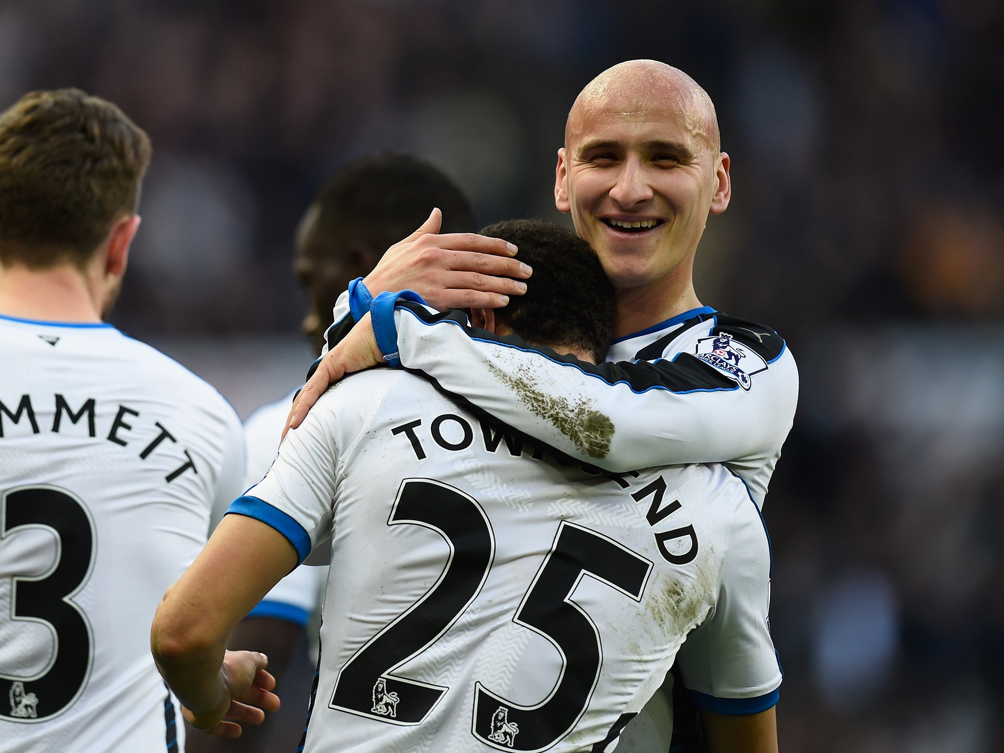 Andros Townsend is congratulated by Jonjo Shelvey after his goal against Swansea City