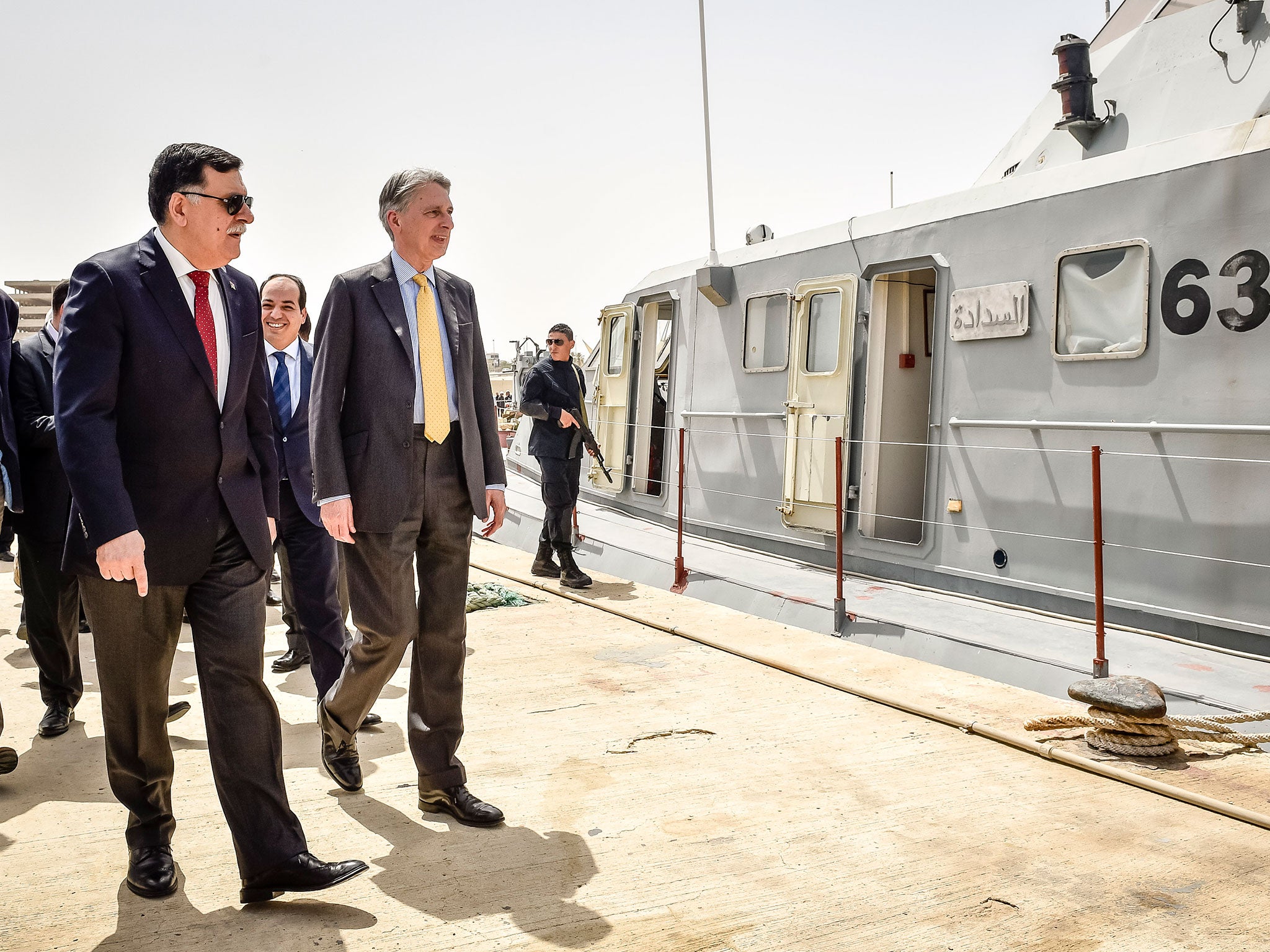 Foreign Secretary Philip Hammond, with Libya's Prime Minister-designate Fayez Sarraj, toured a naval base during his visit to Tripoli