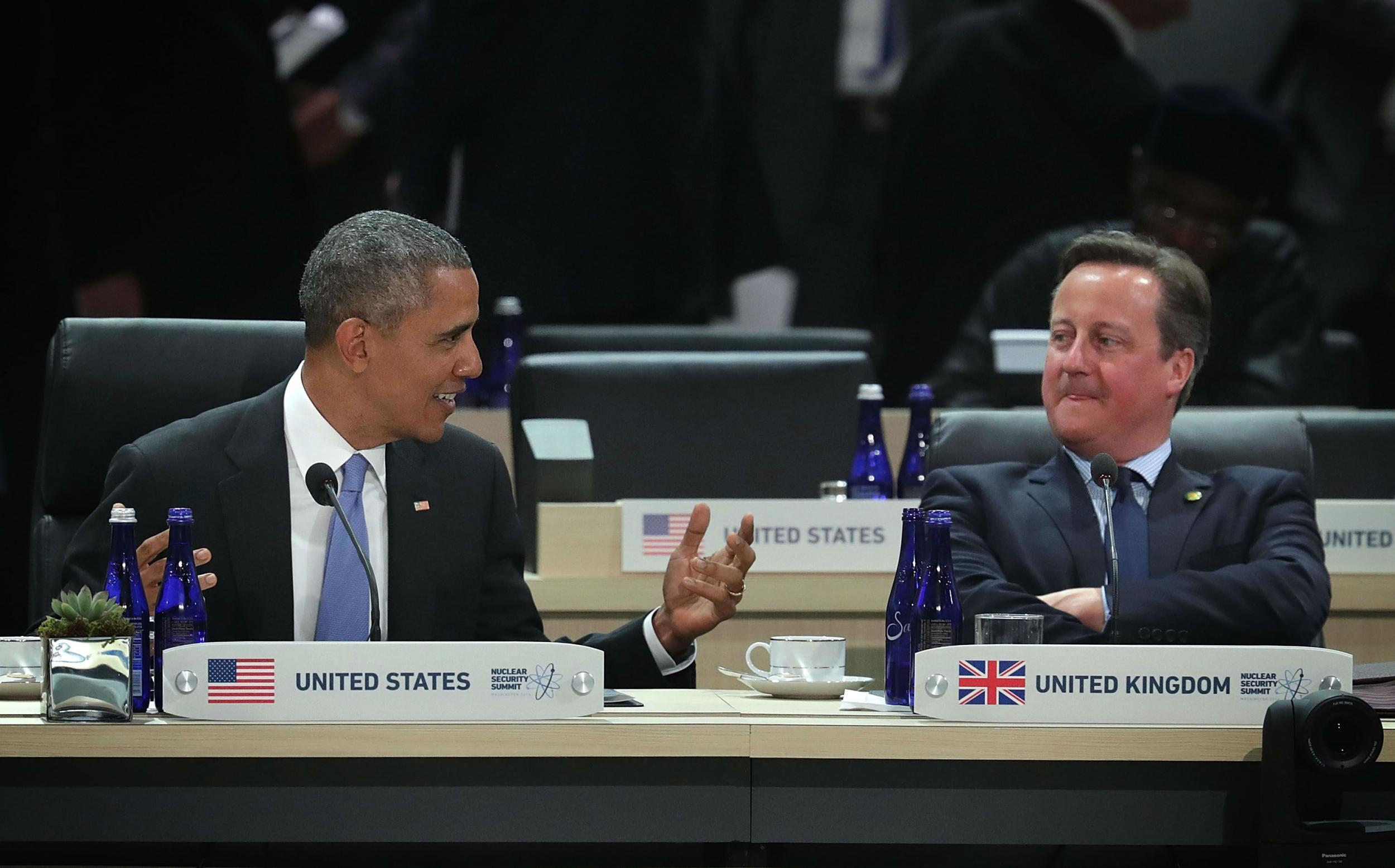 Mr Obama and Mr Cameron chatting together at the Washington DC Nuclear Summit in April