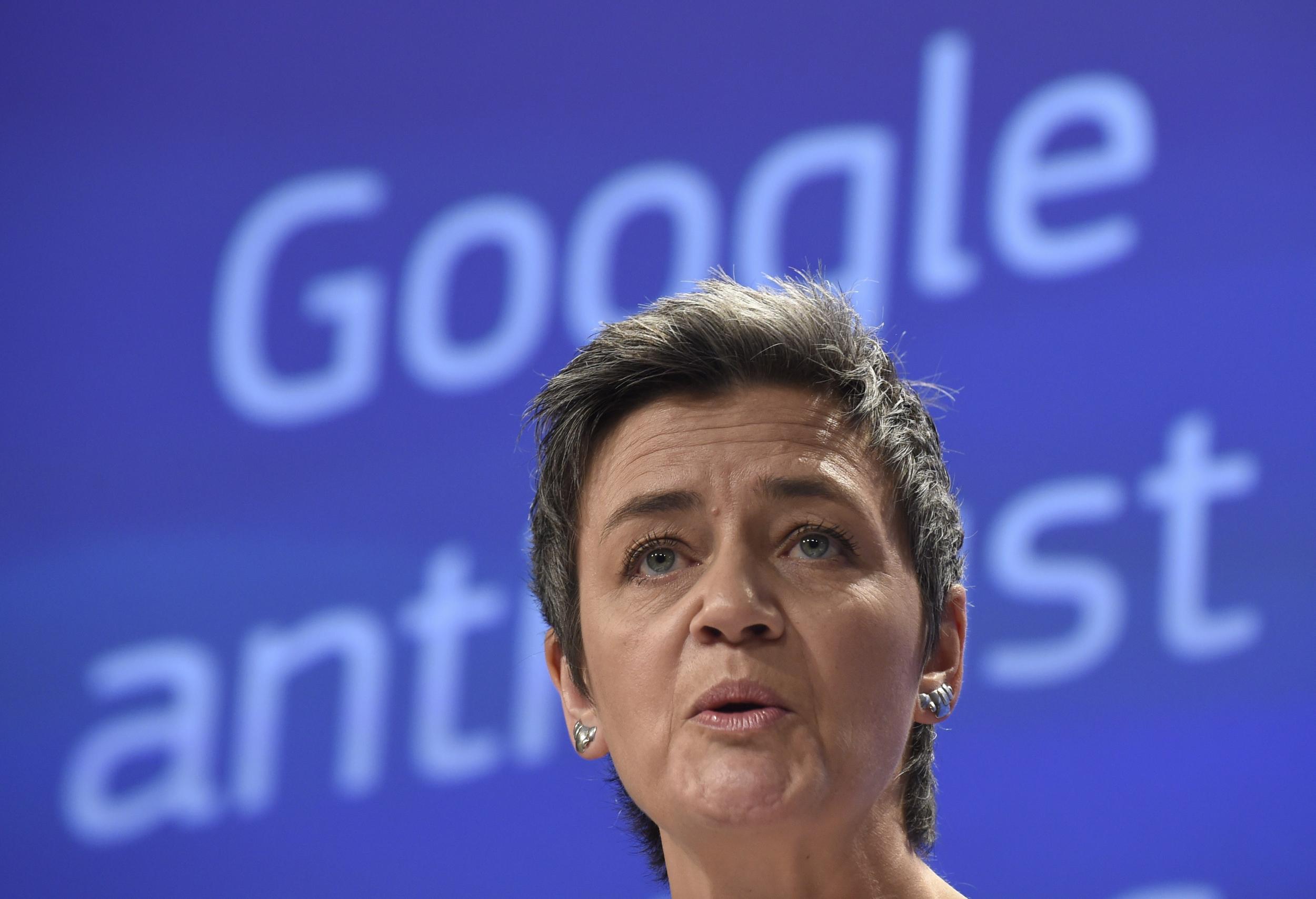 European competition commissioner Margrethe Vestager speaks about Google in April 2015
