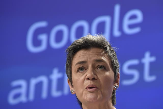European competition commissioner Margrethe Vestager speaks about Google in April 2015