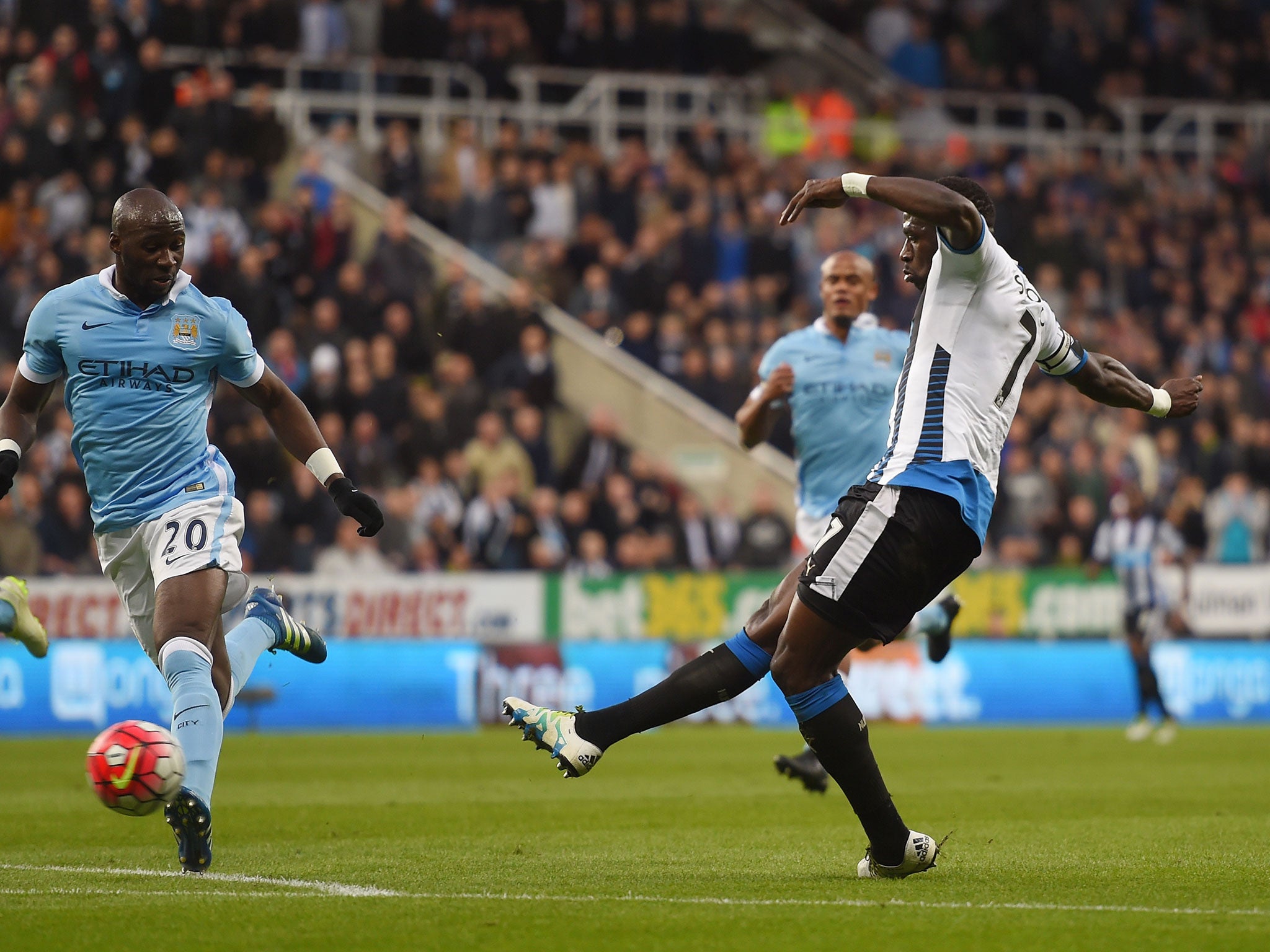 Newcastle captain Moussa Sissoko (right) was outstanding against Manchester City