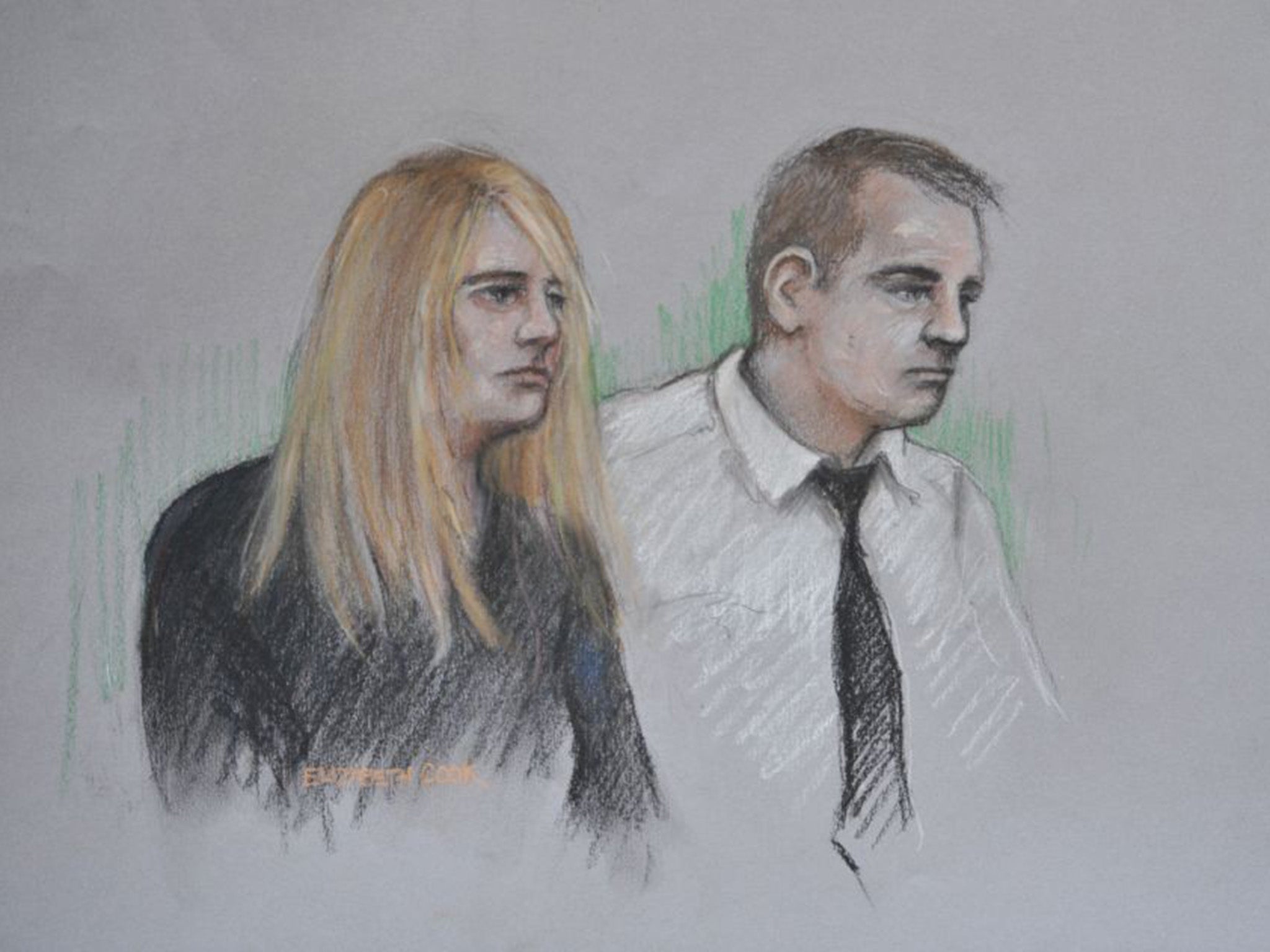 A court sketch of Jennie Gray and Ben Butler in the dock for covering up their daughter Ellie's murder