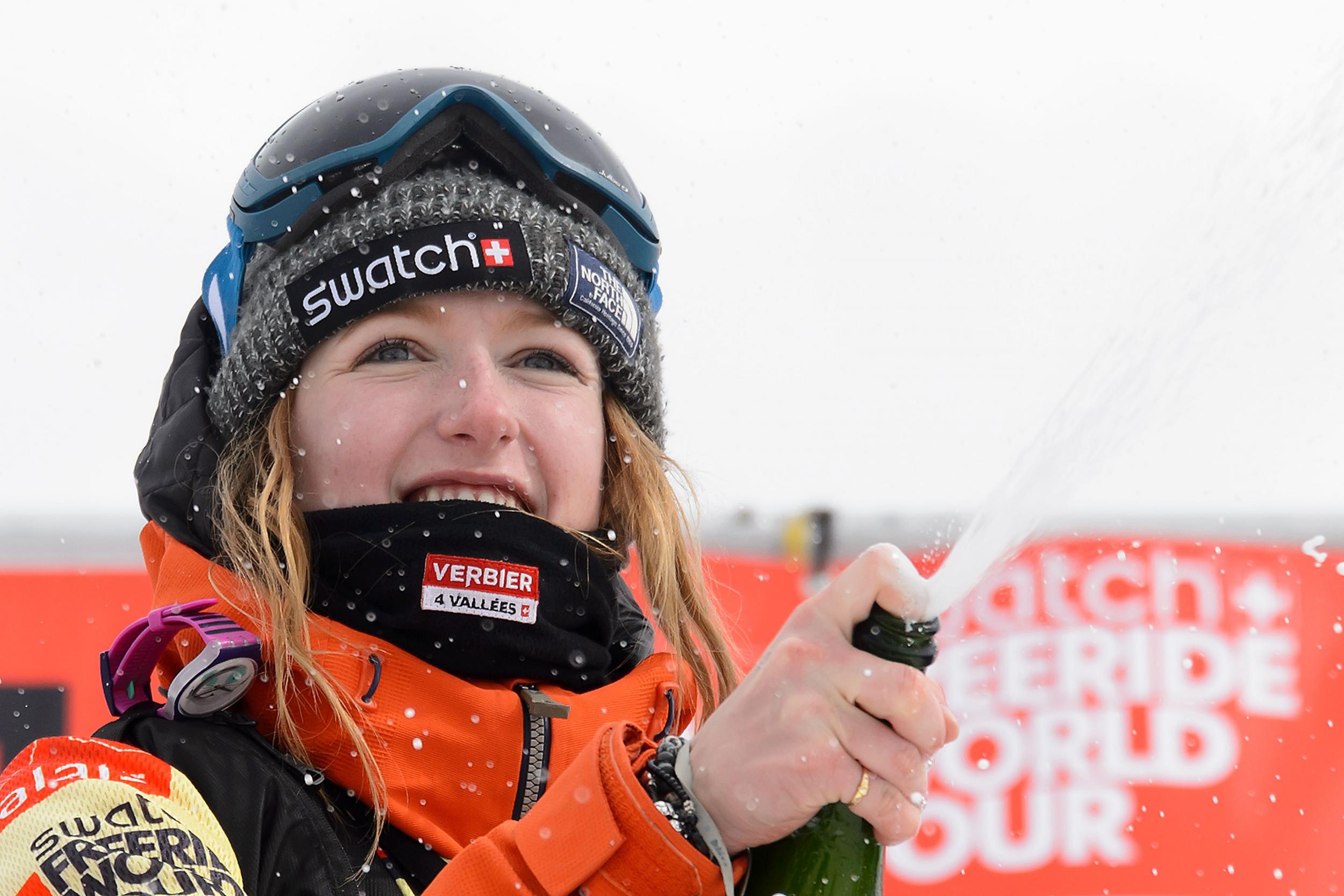 World champion Switzerland's Estelle Balet celebrating with champagne after she won the women's snowboard event at the Bec des Rosses during the Verbier Xtreme Freeride World Tour final above the Swiss Alps resort of Verbie