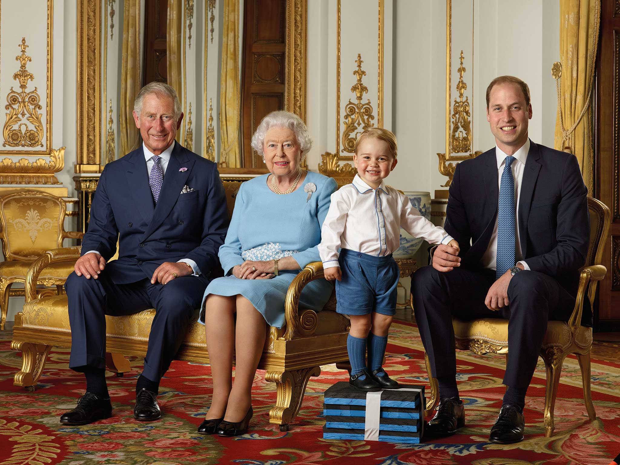 The Queen and her three direct heirs to the throne during a photoshoot for a stamp sheet to mark her 90th birthday