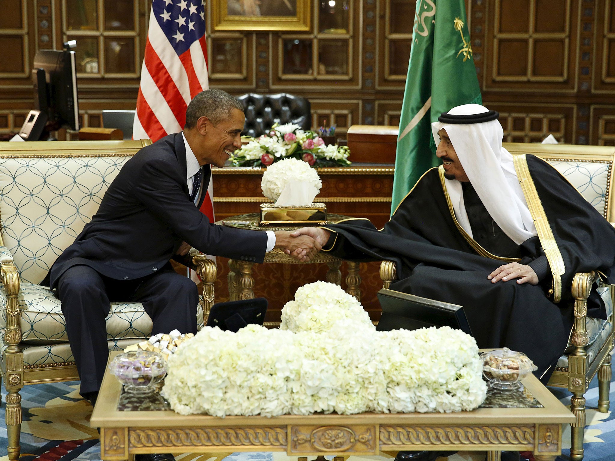 President Barack Obama shakes hands with Saudi Arabia's King Salman at the start of a bilateral meeting at Erga Palace in Riyadh, Saudi Arabia, in 2015
