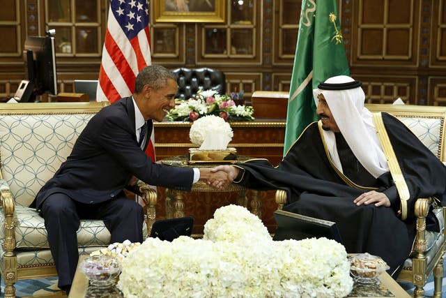 President Barack Obama shakes hands with Saudi Arabia's King Salman at the start of a bilateral meeting at Erga Palace in Riyadh, Saudi Arabia, in 2015