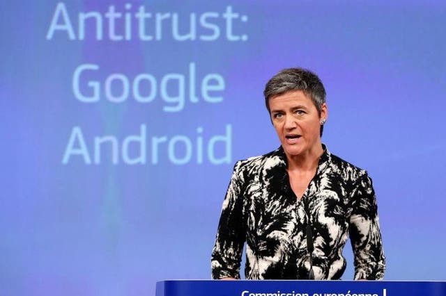 European Competition Commissioner Margrethe Vestager addresses a news conference about the Android charges on 20 April