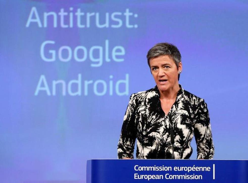 European Competition Commissioner Margrethe Vestager addresses a news conference about the Android charges on 20 April
