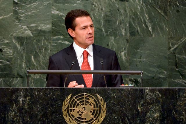 Mexican President Enrique Pena Nieto addresses the audience during a special session on global strategy in the war on drugs at the United Nations General Assembly in New York