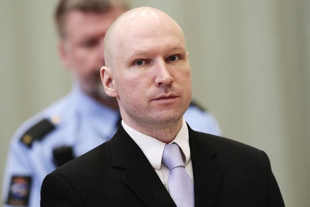 Anders Behring Breivik during a court hearing in Skien, Norway, on 18 March 2016