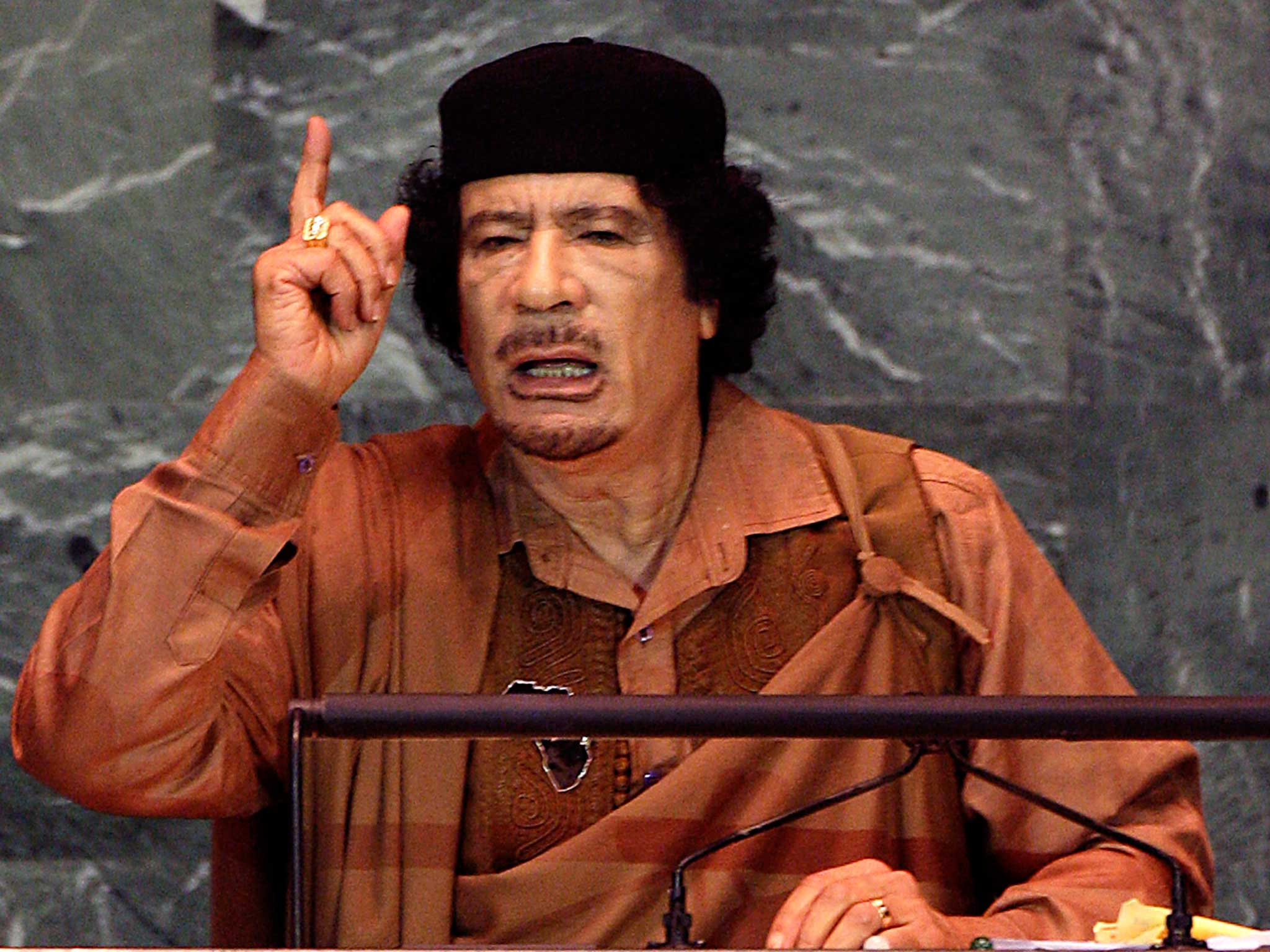 Muammar Gaddafi at the UN General Assemblyv in New York, 2009 (Getty)