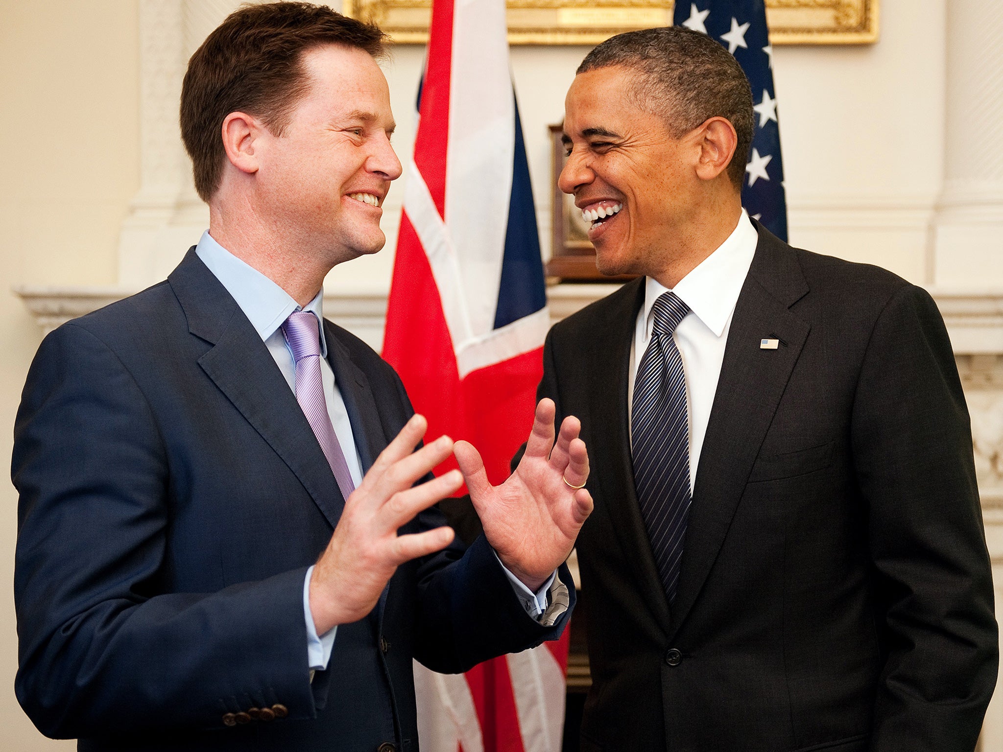 Nick Clegg and President Obama sharing a joke together in 2011
