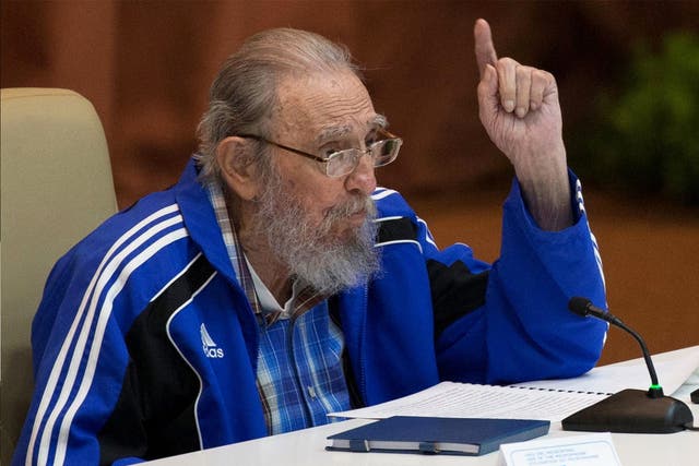Former Cuban President Fidel Castro delivers a speech at the Convention Palace in Havana