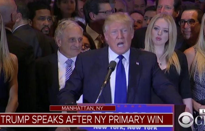 Carl Paladino stands just behind Donald Trump at his victory rally