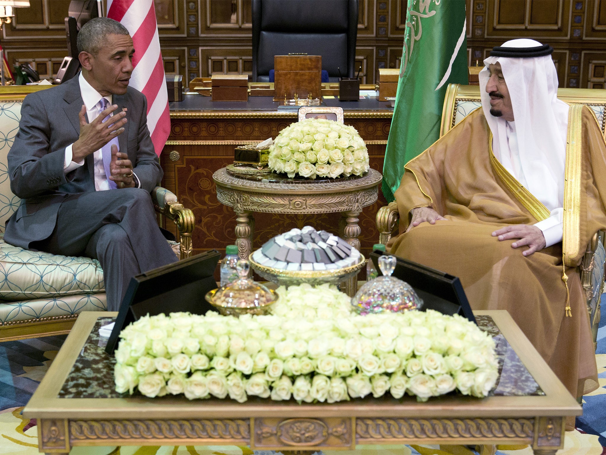 President Obama speaks with King Salman at Erga Palace