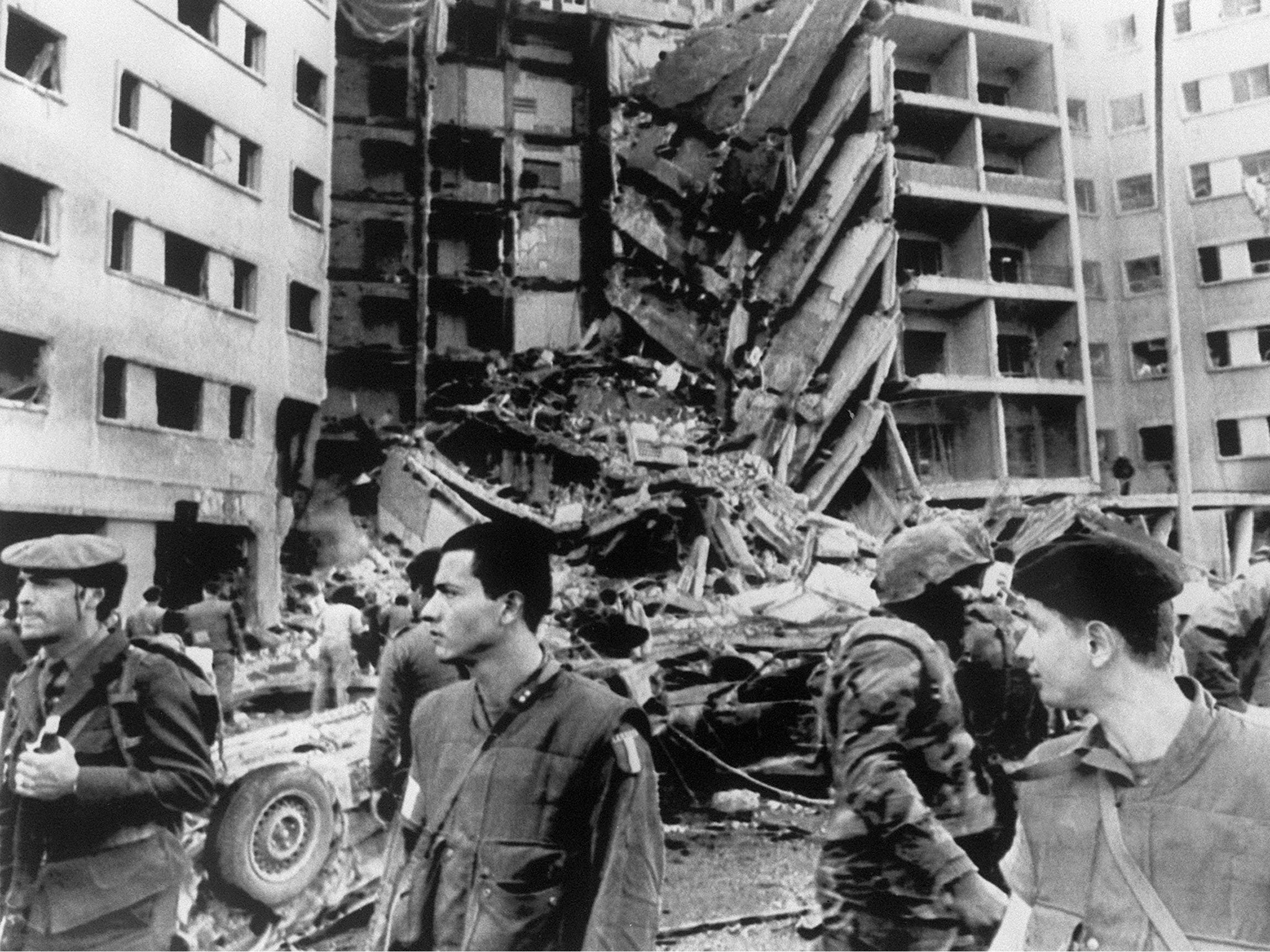 The destroyed section of the US embassy in Beirut following the 1983 bombing