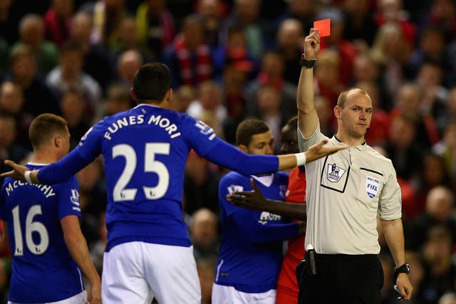 Ramiro Funes Mori is sent off during Everton's 4-0 defeat by Liverpool