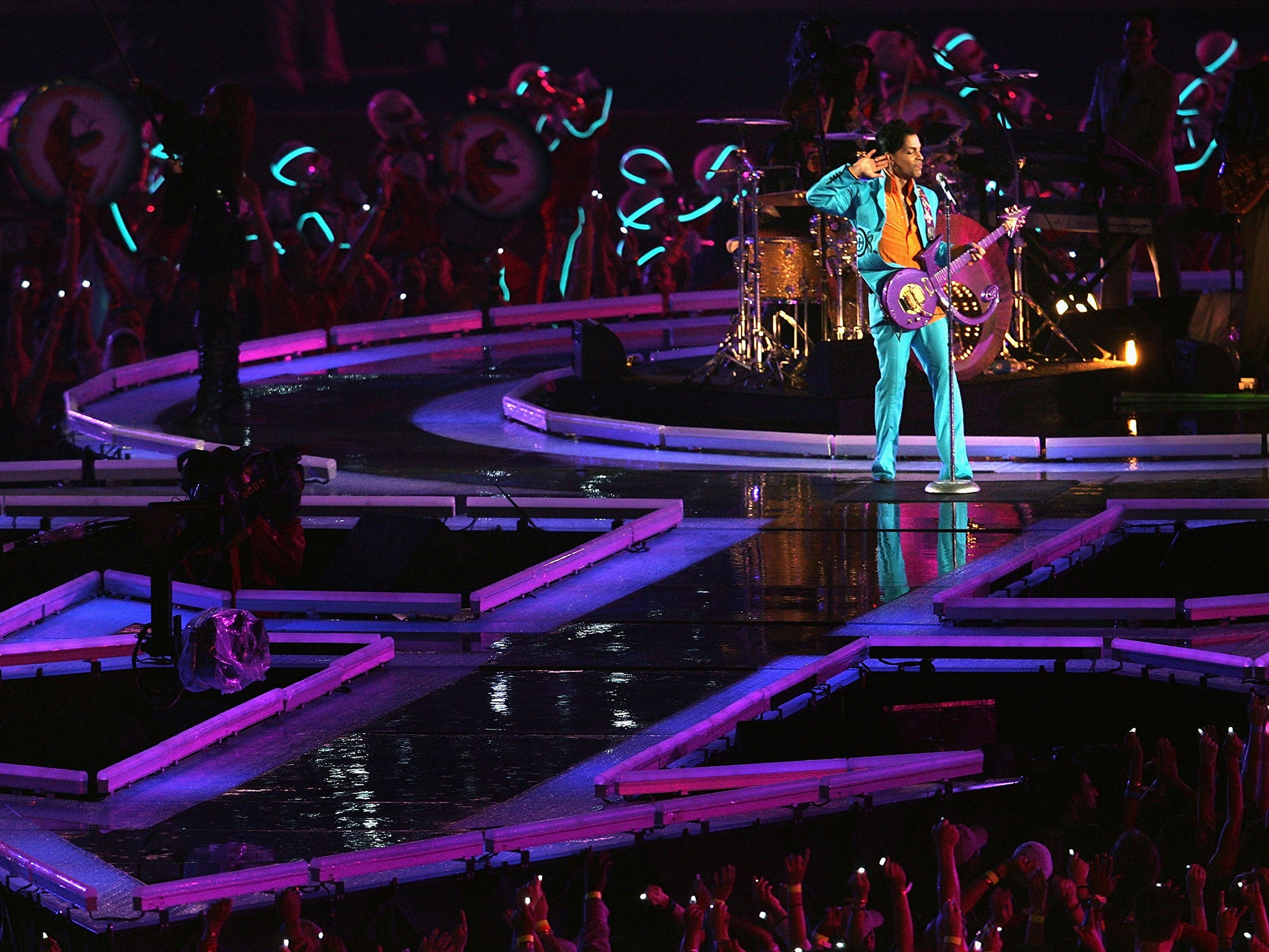 Prince performs during the 'Pepsi Halftime Show' at Super Bowl XLI on February 4, 2007