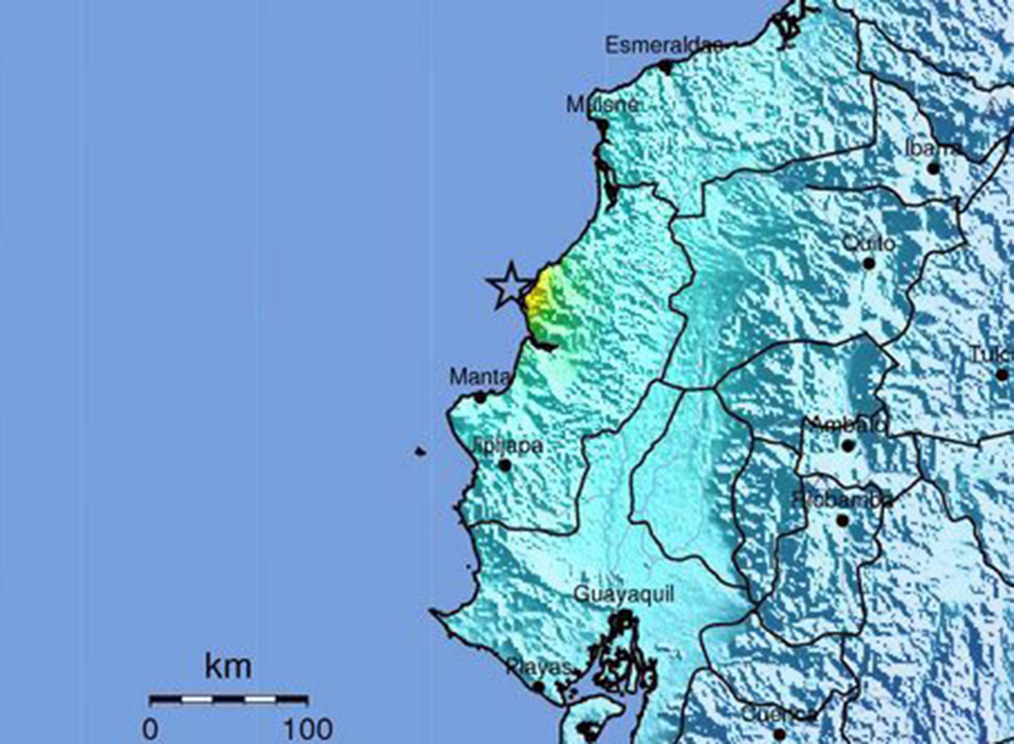 The star shows where the earthquake struck near Bahía de Caráquez