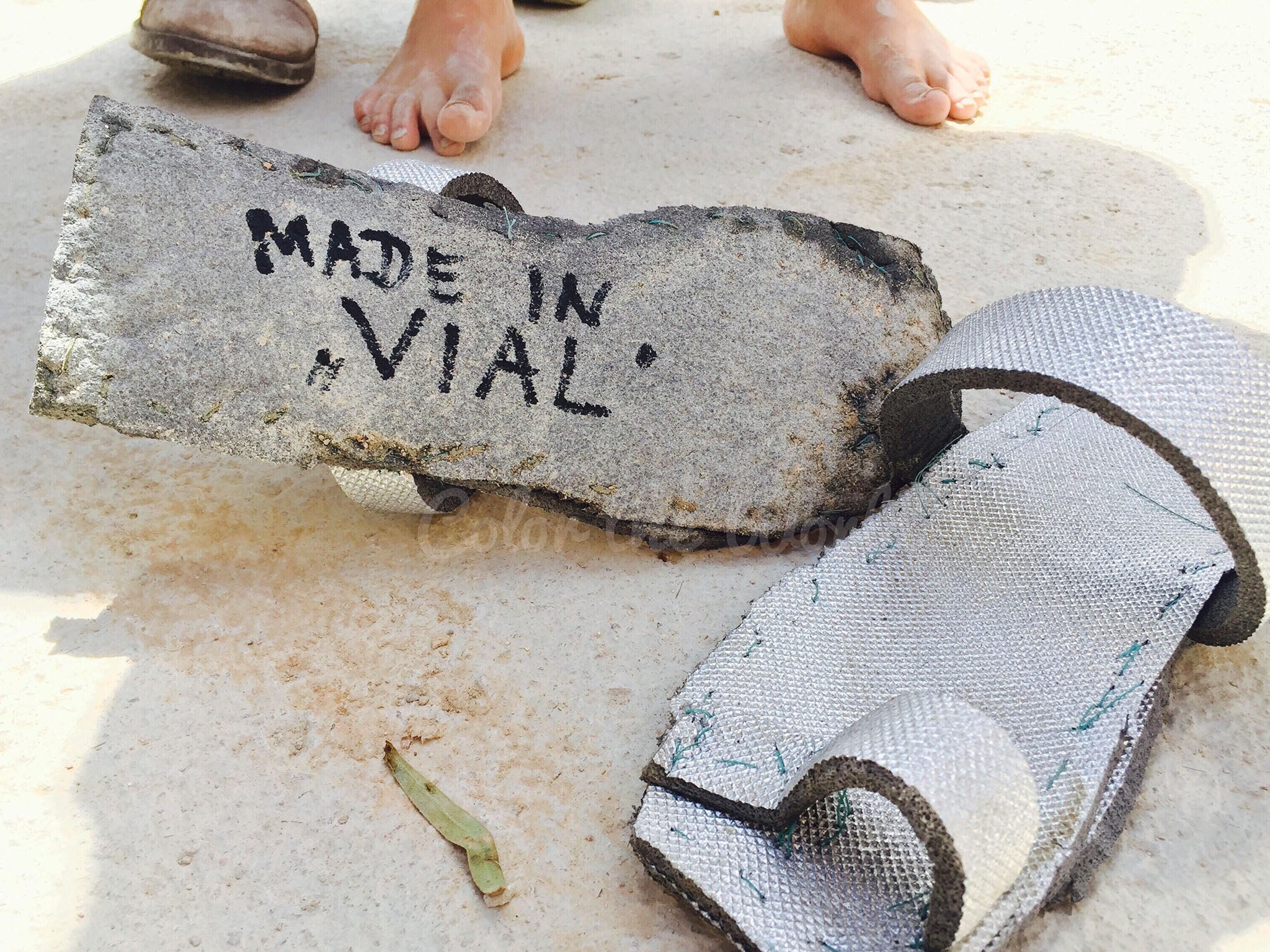 Sandals made out of waste plastic found at the Chios refugee camp