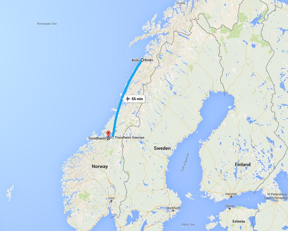 &#13;
The flight path from Trondheim to Bodo &#13;