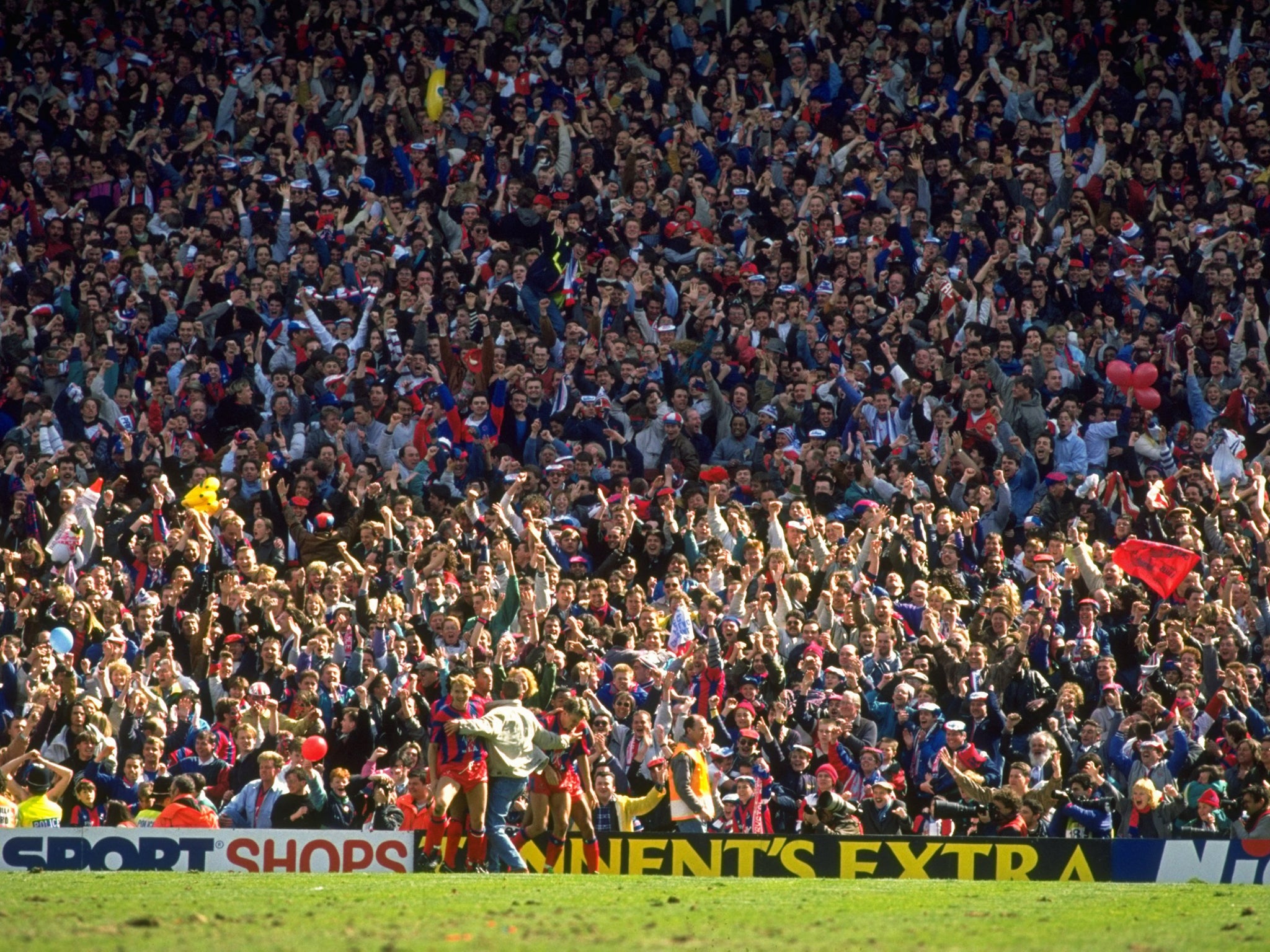 Pardew celebrates in front of Palace fans after scoring in the 1990 FA Cup semi-final