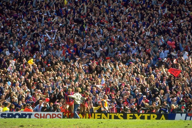 Pardew celebrates in front of Palace fans after scoring in the 1990 FA Cup semi-final