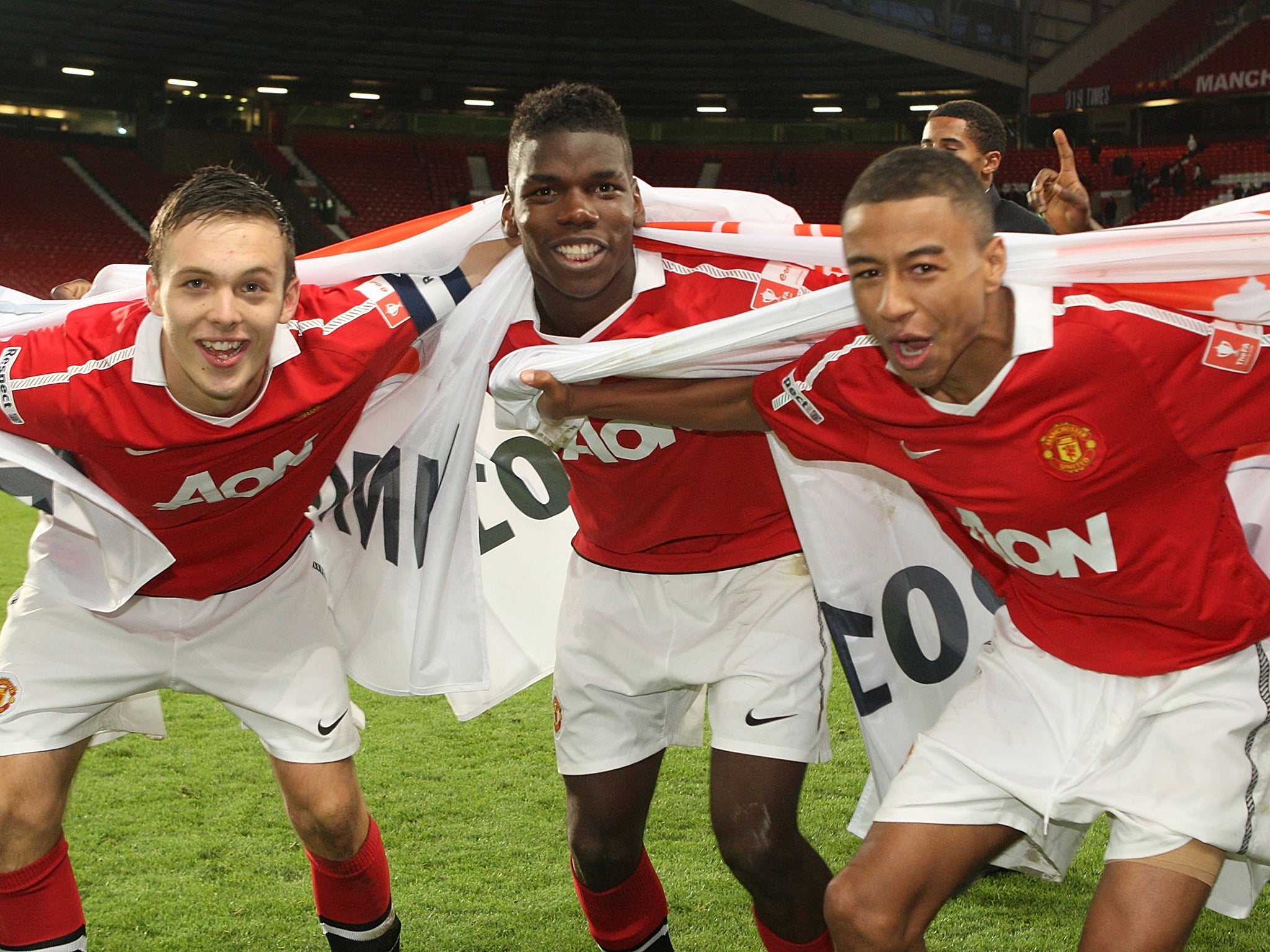 Tom Thorpe, Paul Pogba and Jesse Lingard after United won the FA Youth Cup final in 2011