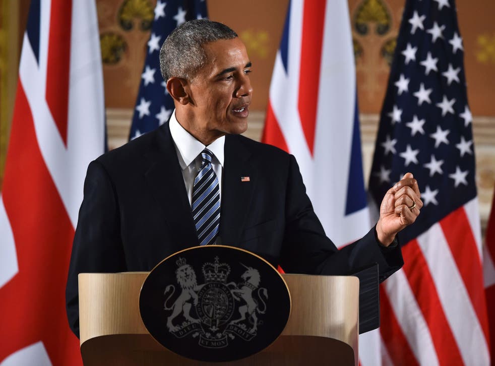 US President Barack Obama speaks during a press conference at the Foreign and Commonwealth Office in central London
