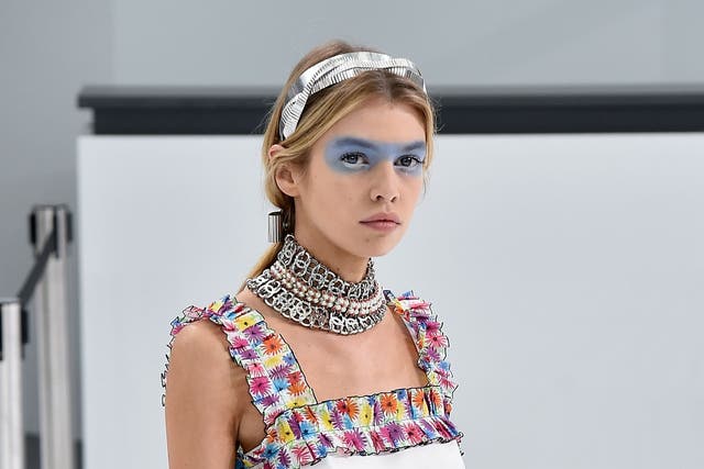 Channel's spring/summer catwalk included blue eye shadow in its Channel Airways theme show