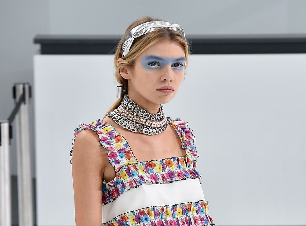 Channel's spring/summer catwalk included blue eye shadow in its Channel Airways theme show