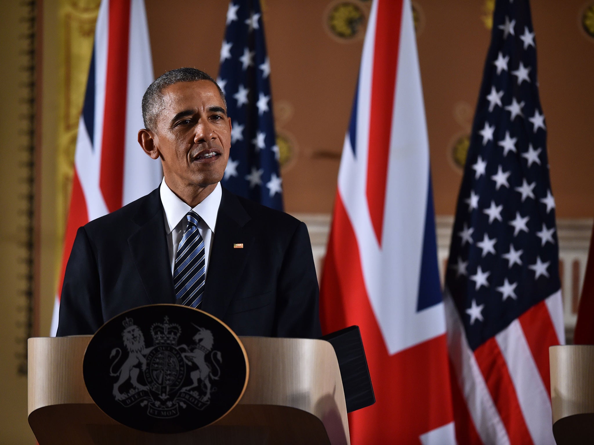 President Obama speaking at a press conference at the Foreign and Commonwealth Office - he said the UK was best when helping to lead a strong Europe