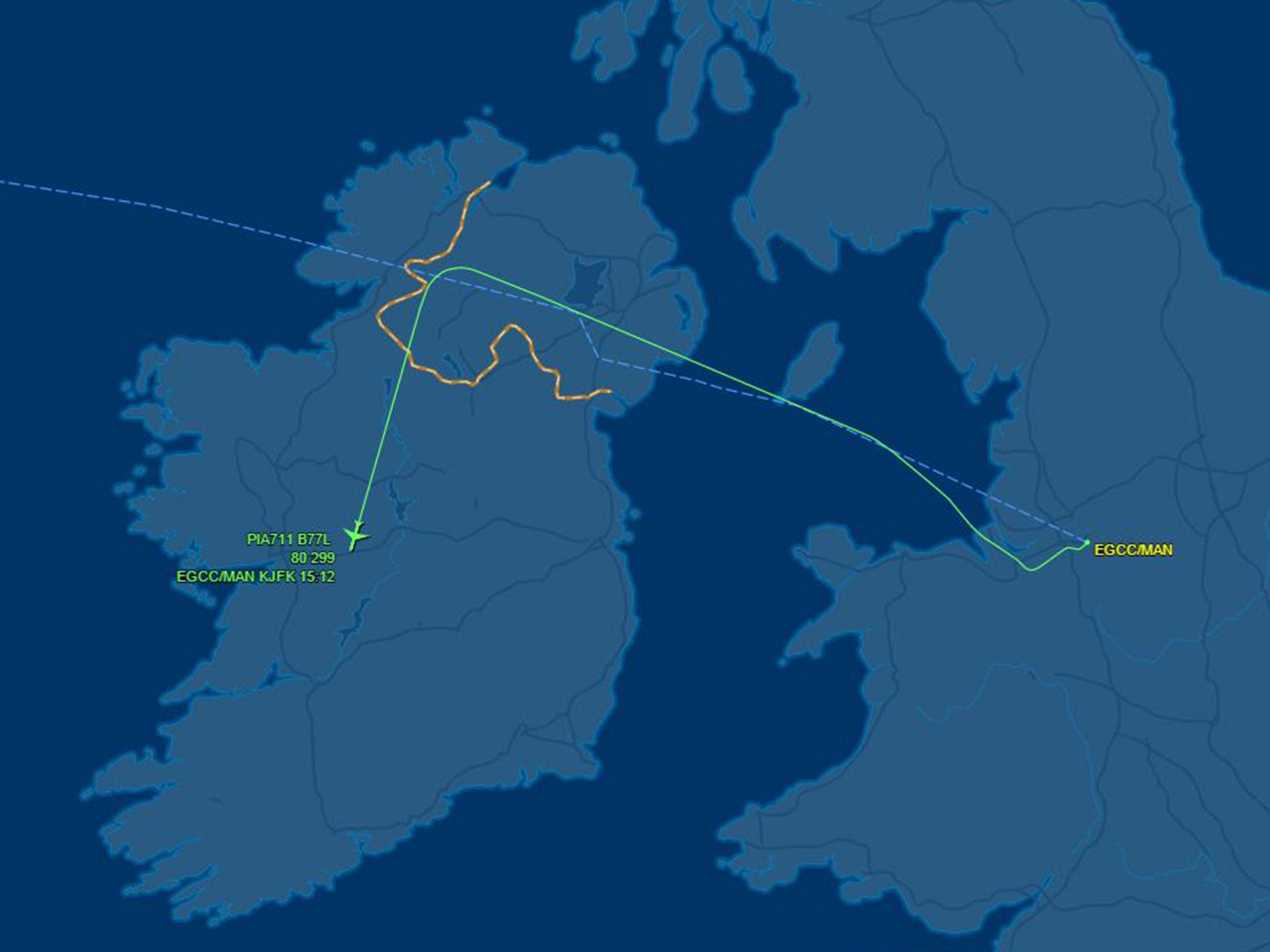 The flight path of Pakistan International Airlines Flight 711 on 23 April 2016