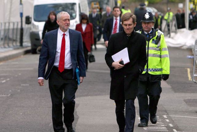 Jeremy Corbyn, pictured with Labour Director of Strategy and Communications, Seumas Milne, leaving Lindley Hall in Westminster after enjoying an “excellent” private meeting with President Obama