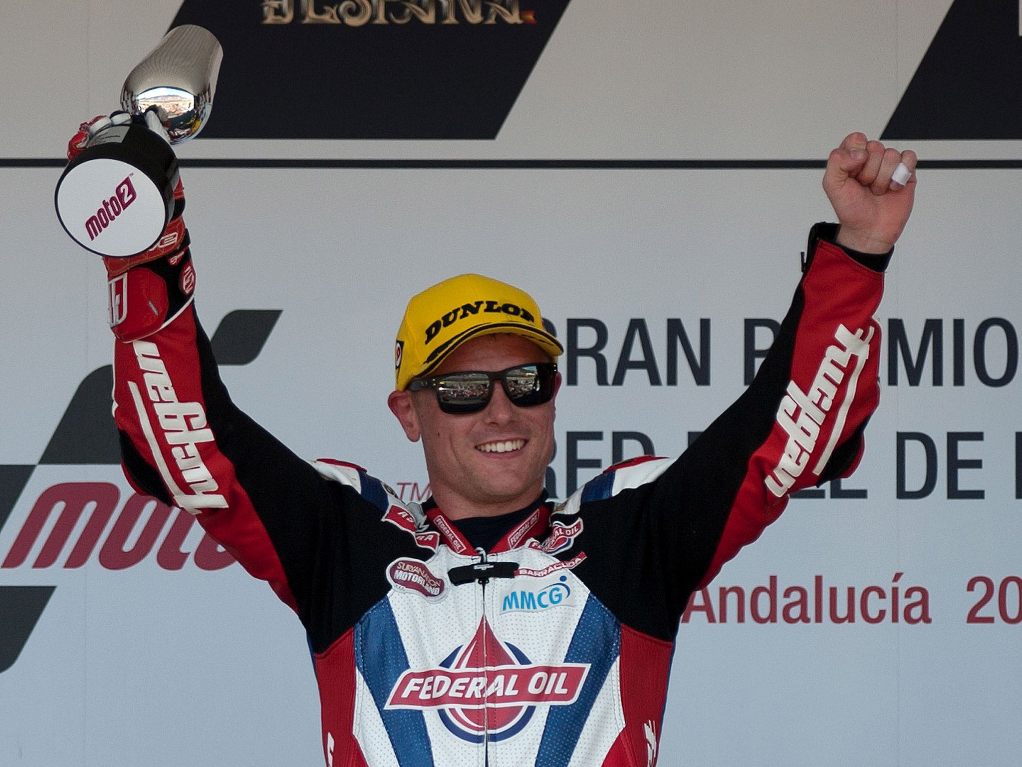 Sam Lowes celebrates his Moto2 victory at Jerez