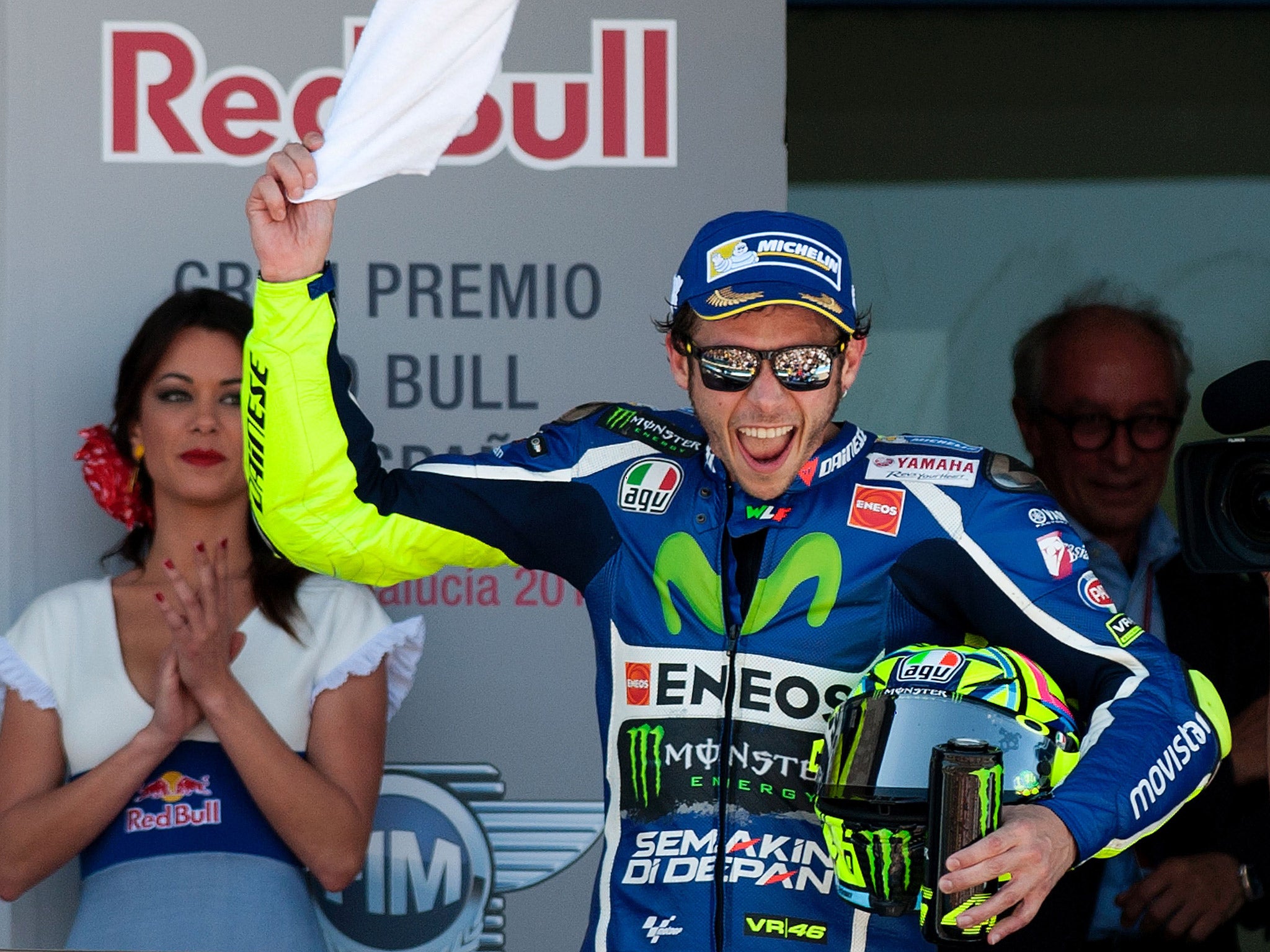 Valentino Rossi celebrates winning the Spanish Grand Prix at Jerez